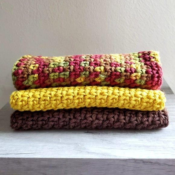 3 CROCHET DISHCLOTH WASHCLOTH 100% COTTON HANDMADE NEW Brown Yellow Green Fall - Picture 7 of 11
